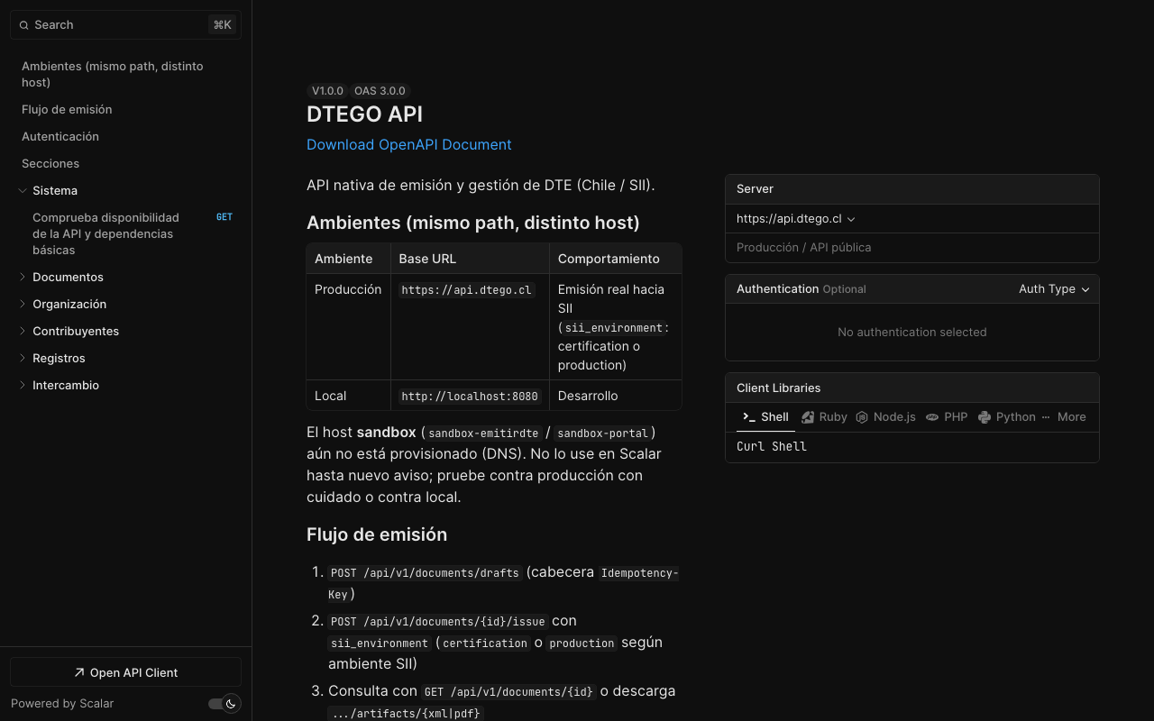 Documentación OpenAPI de DTEGO en docs.dtego.cl
